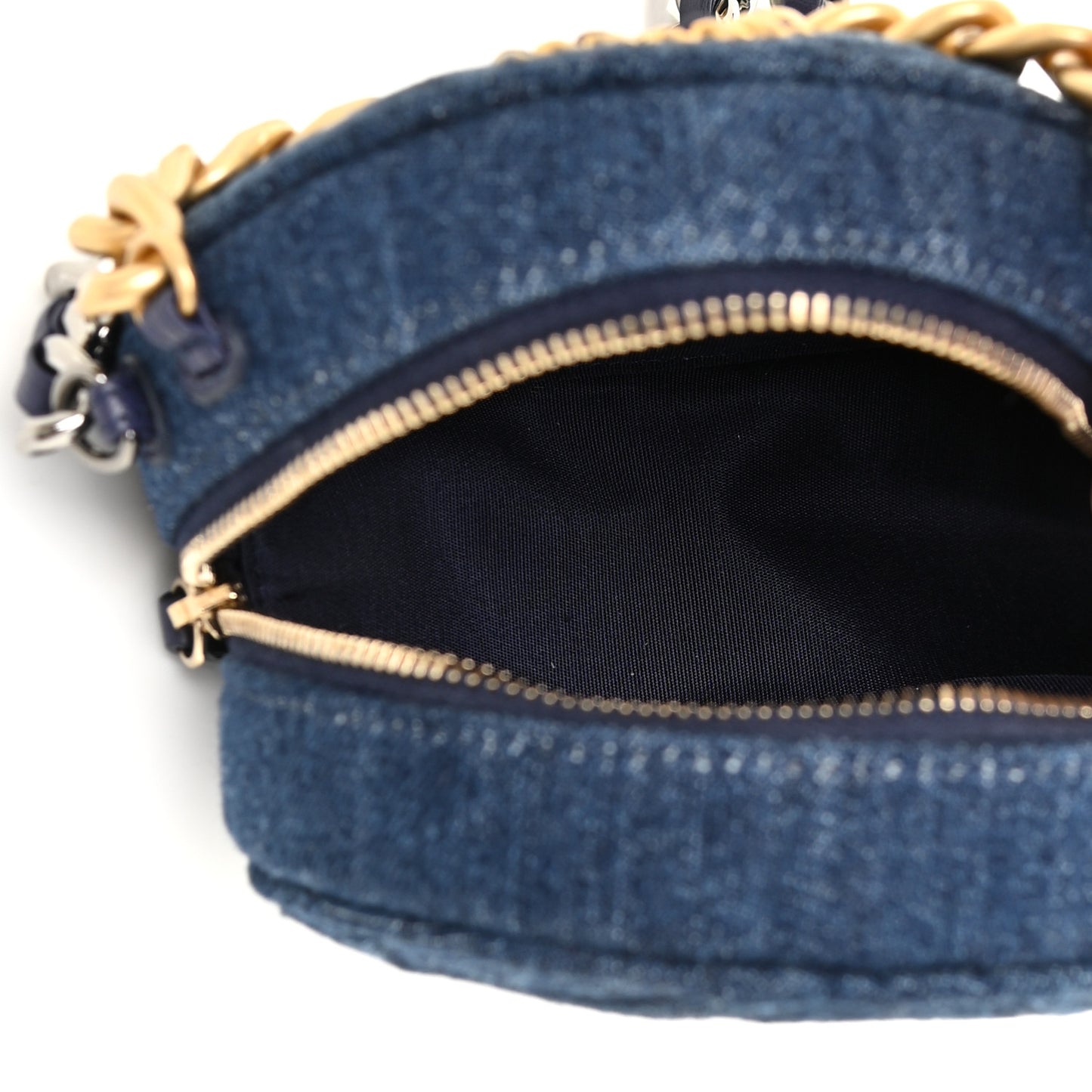 Denim Quilted Chanel 19 Round Clutch With Chain Blue