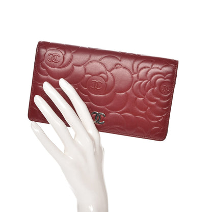 Chanel Lambskin Camellia Embossed Yen Wallet Dark Red 2 of 9
