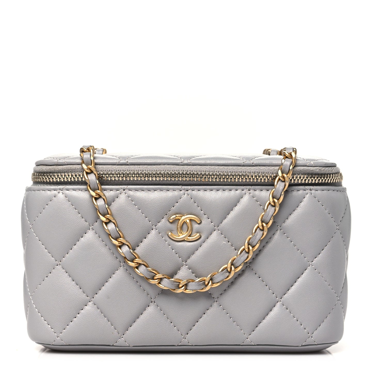 Lambskin Quilted Small Pearl Crush Vanity Case With Chain Grey