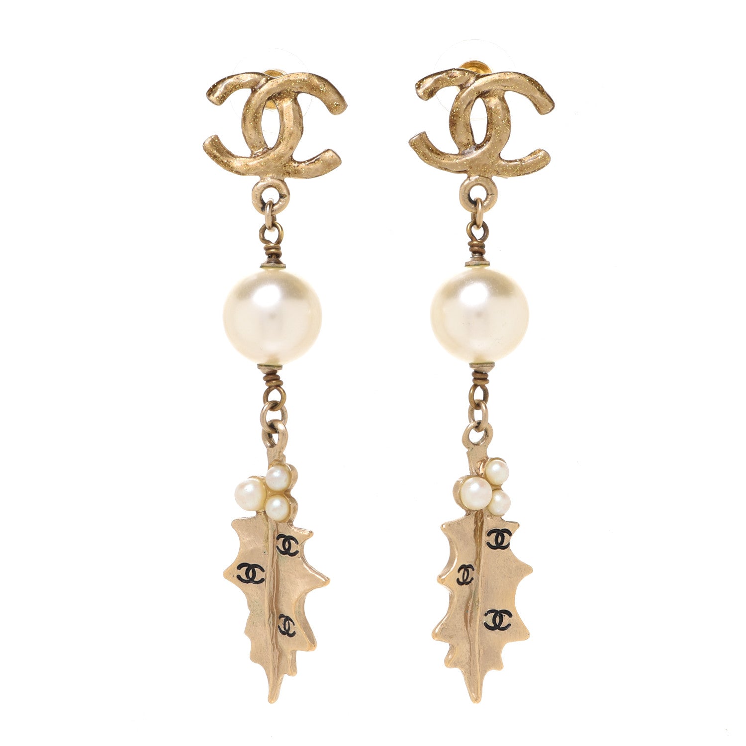 Chanel Pearl CC Drop Leaf Earrings Gold 1 of 4