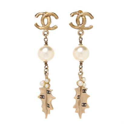 Chanel Pearl CC Drop Leaf Earrings Gold 1 of 4