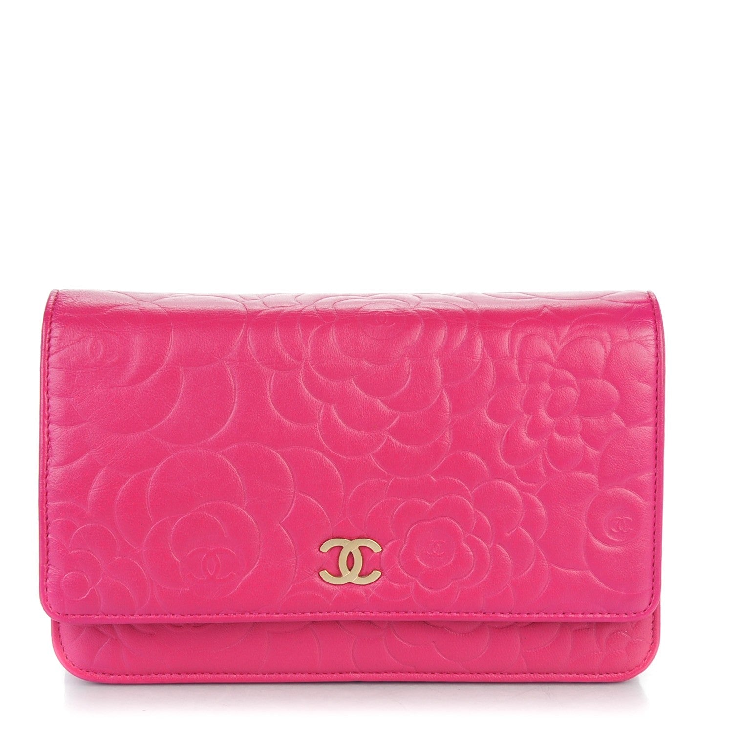 Chanel Lambskin Camellia Embossed Wallet on Chain WOC Pink 1 of 8