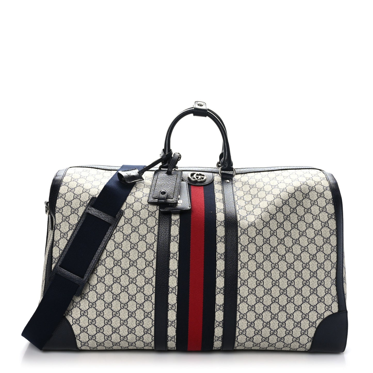 GG Supreme Monogram Textured Dollar Calfskin Web Large Savoy Duffle Bag Beige Blue