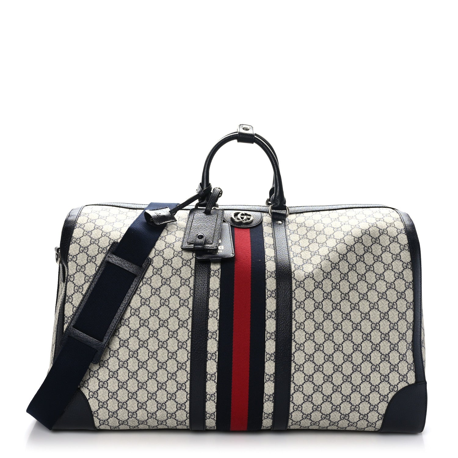 Gucci GG Supreme Monogram Textured Dollar Calfskin Web Large Savoy Duffle Bag Beige Blue 1 of 12