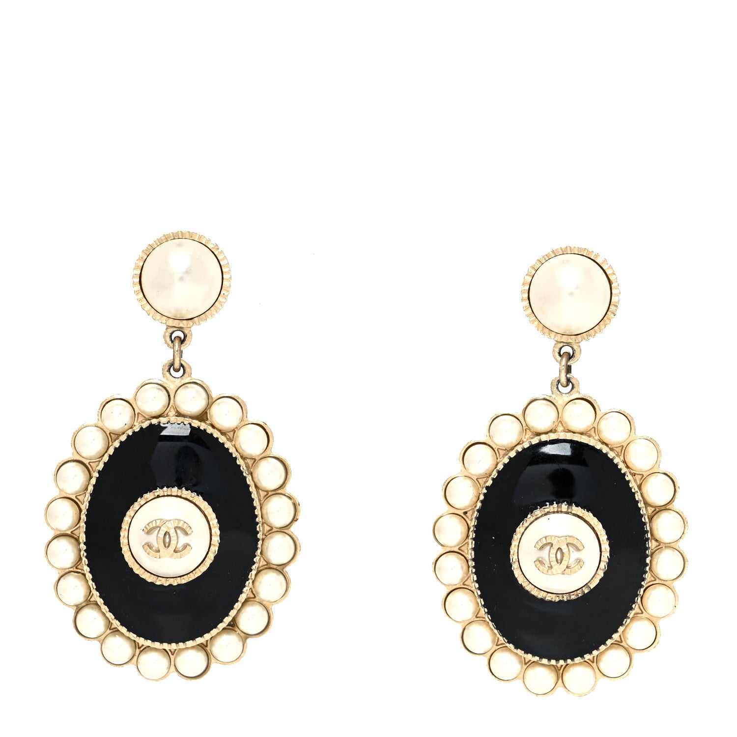 Chanel Metal Resin Pearl CC Drop Earrings Gold Black 1 of 4
