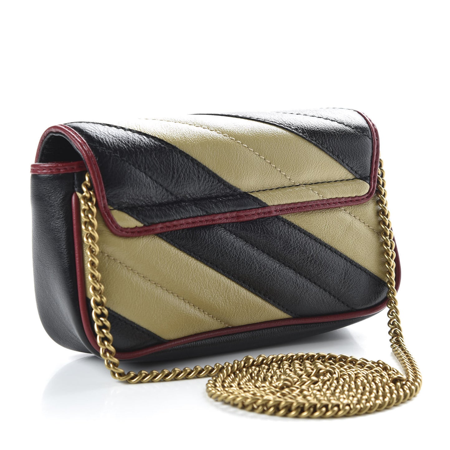 Vintage Effect Calfskin Matelasse Diagonal Striped Super Mini Torchon GG Marmont Shoulder Bag Black Beige
