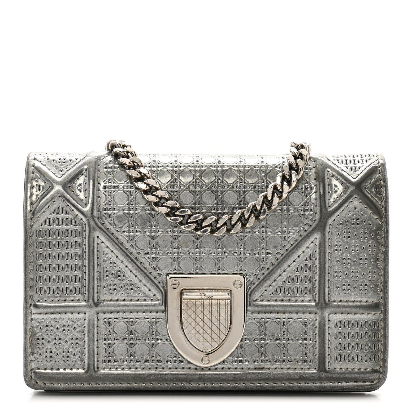 Metallic Patent Micro-Cannage Baby Diorama Flap Bag Silver