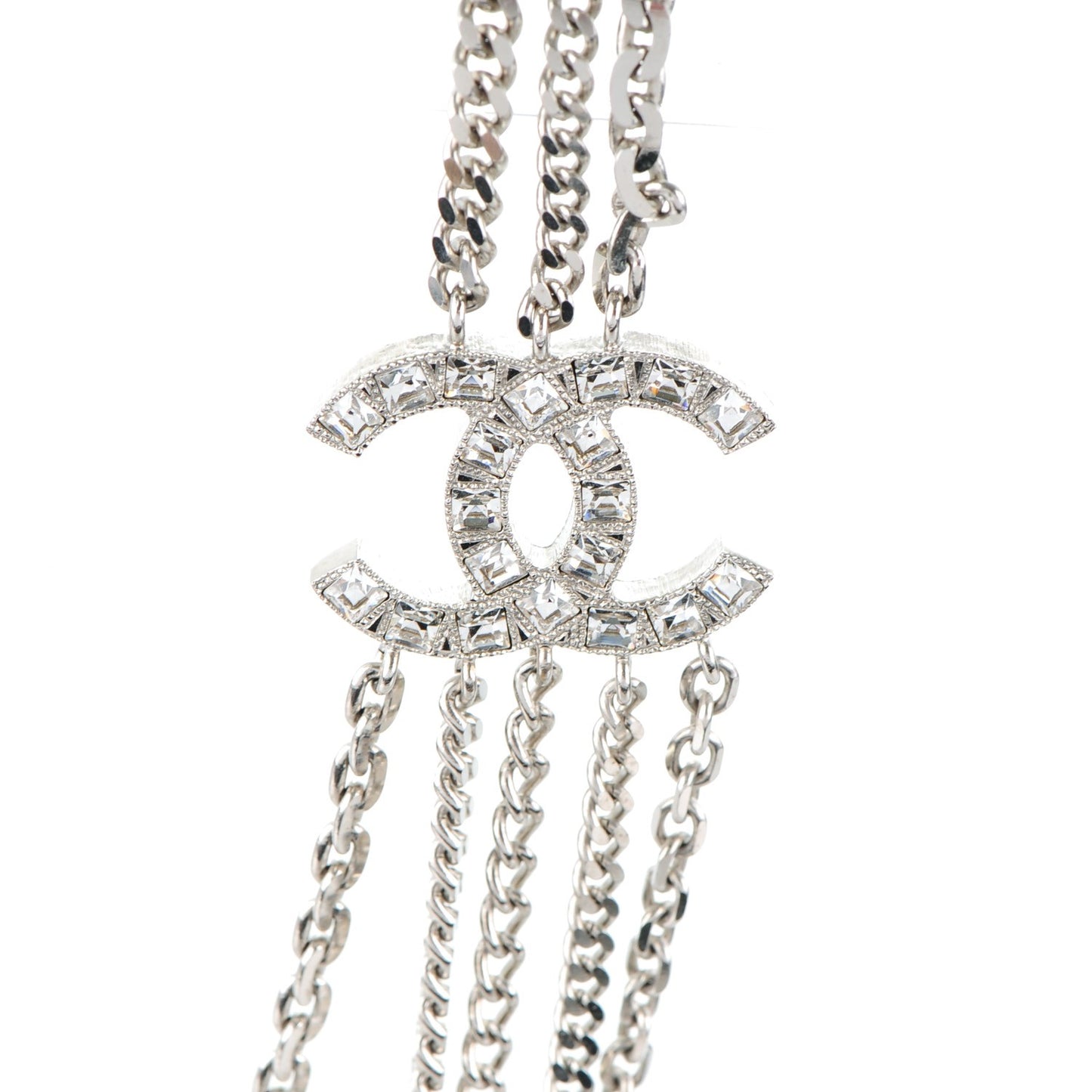Baguette Crystal CC Shield Multi Strand Long Chain Necklace Silver
