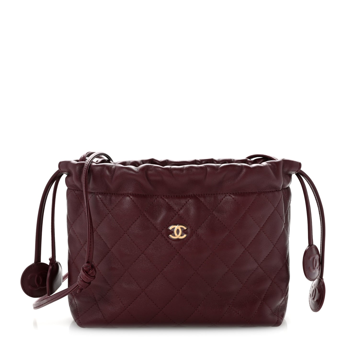 Lambskin Quilted Drawstring Clutch With Strap Dark Burgundy