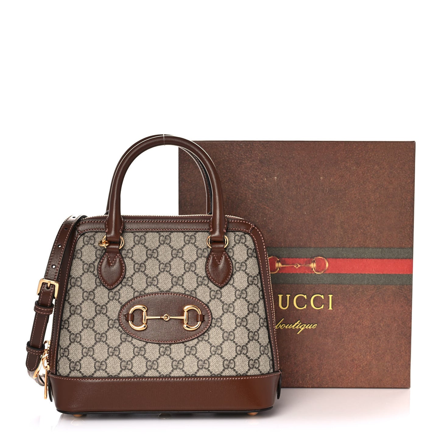 GG Supreme Monogram Azalea Calfskin Small Horsebit 1955 Top Handle Bag Beige Ebony Brown Sugar