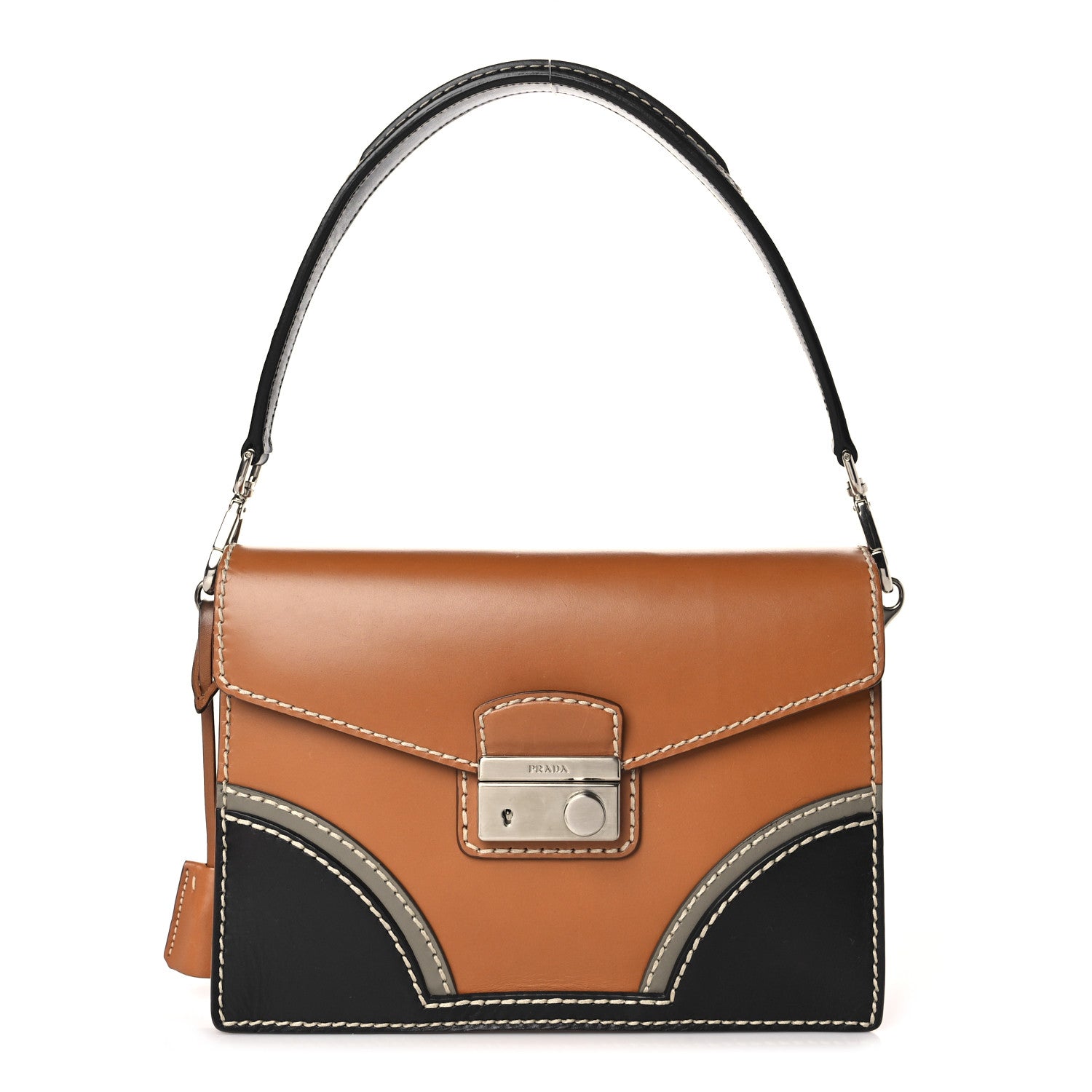 Prada Vitello Stitched Tri-Color Sound Top Handle Shoulder Bag Naturale Black 1 of 9
