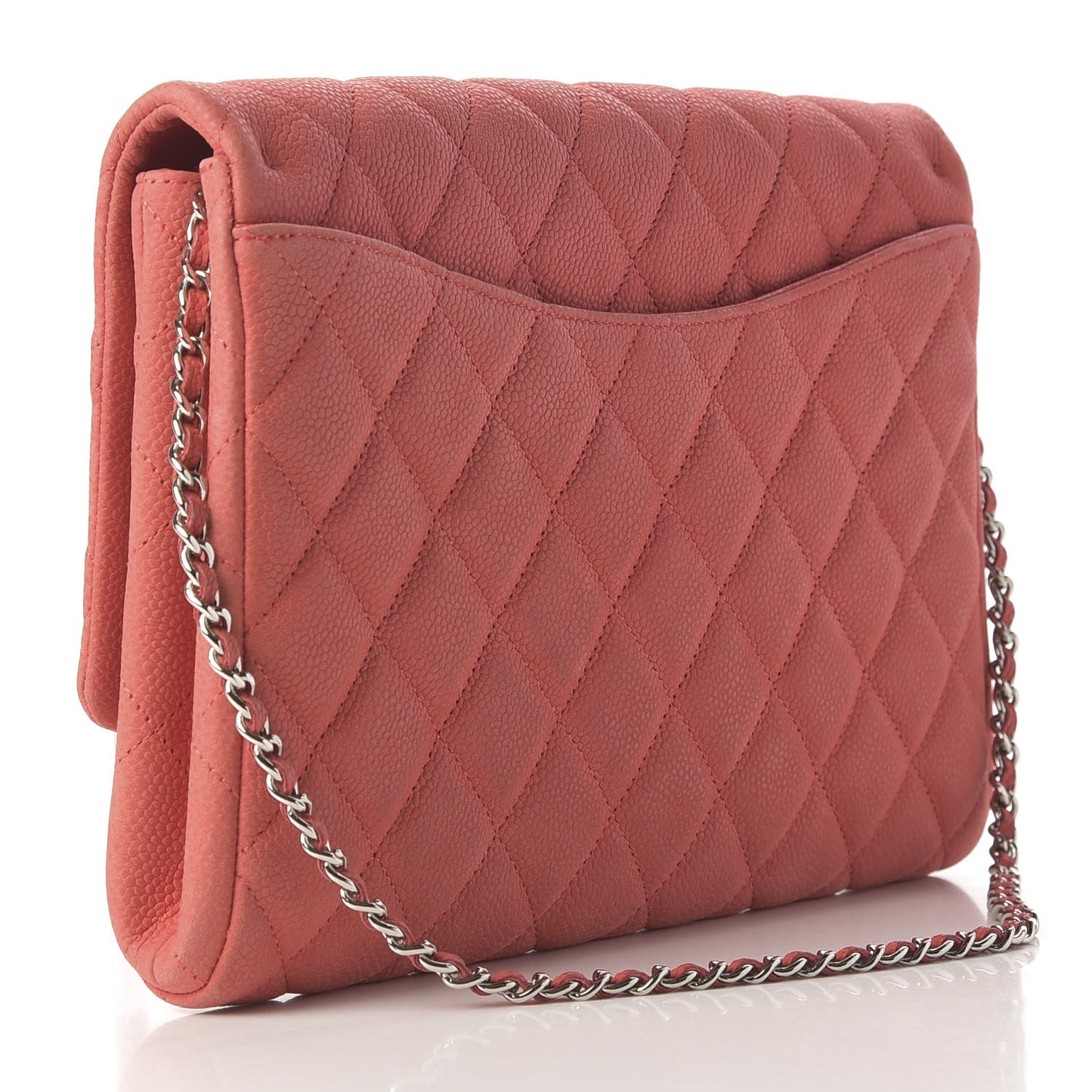 Iridescent Caviar Quilted Clutch With Chain Flap Coral