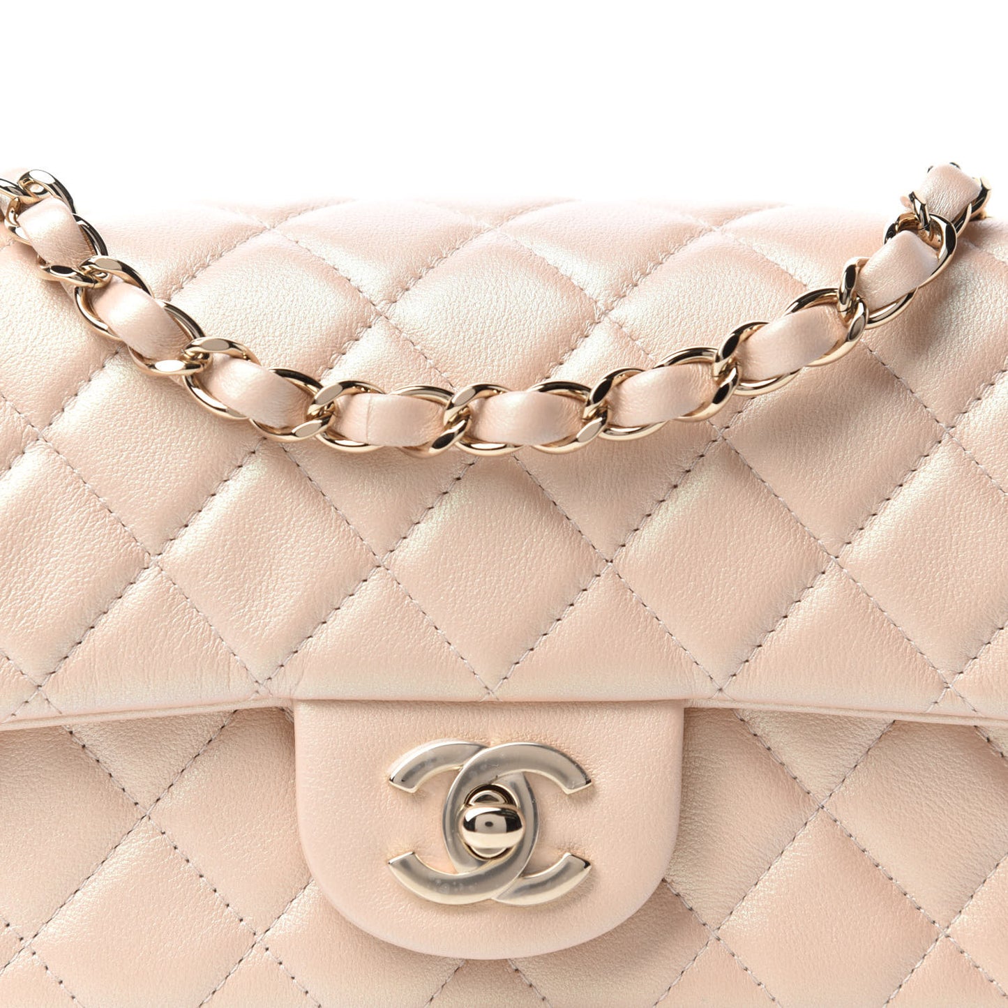 Iridescent Calfskin Quilted Mini Rectangular Flap Beige
