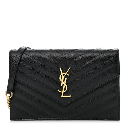 Saint Laurent Grain De Poudre Matelasse Chevron Monogram Envelope Chain Wallet Black 1 of 10