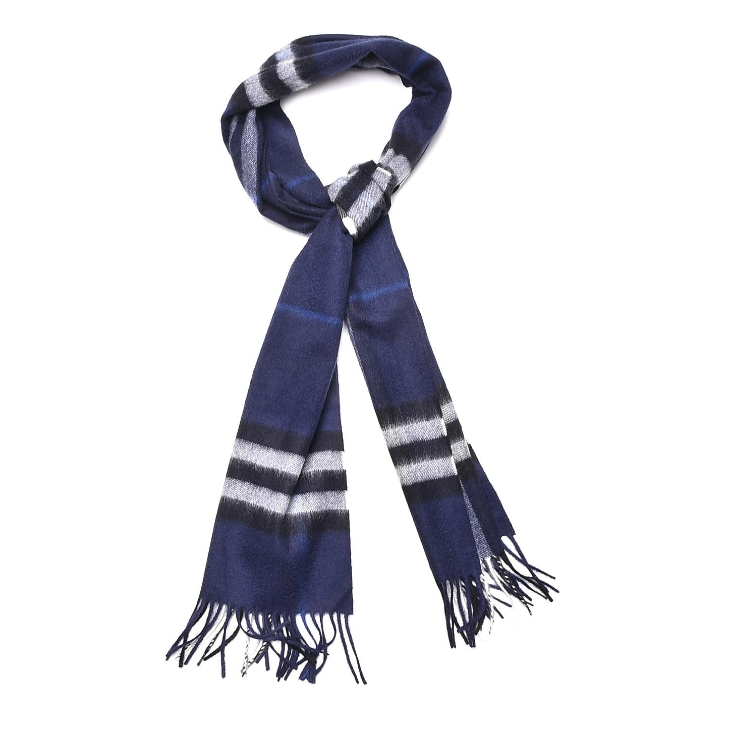 Cashmere Giant Check Fringe Scarf Indigo Blue