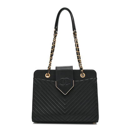 Chanel Shiny Sheepskin Chevron Quilted Collar and Tie Flap Black 1 of 10