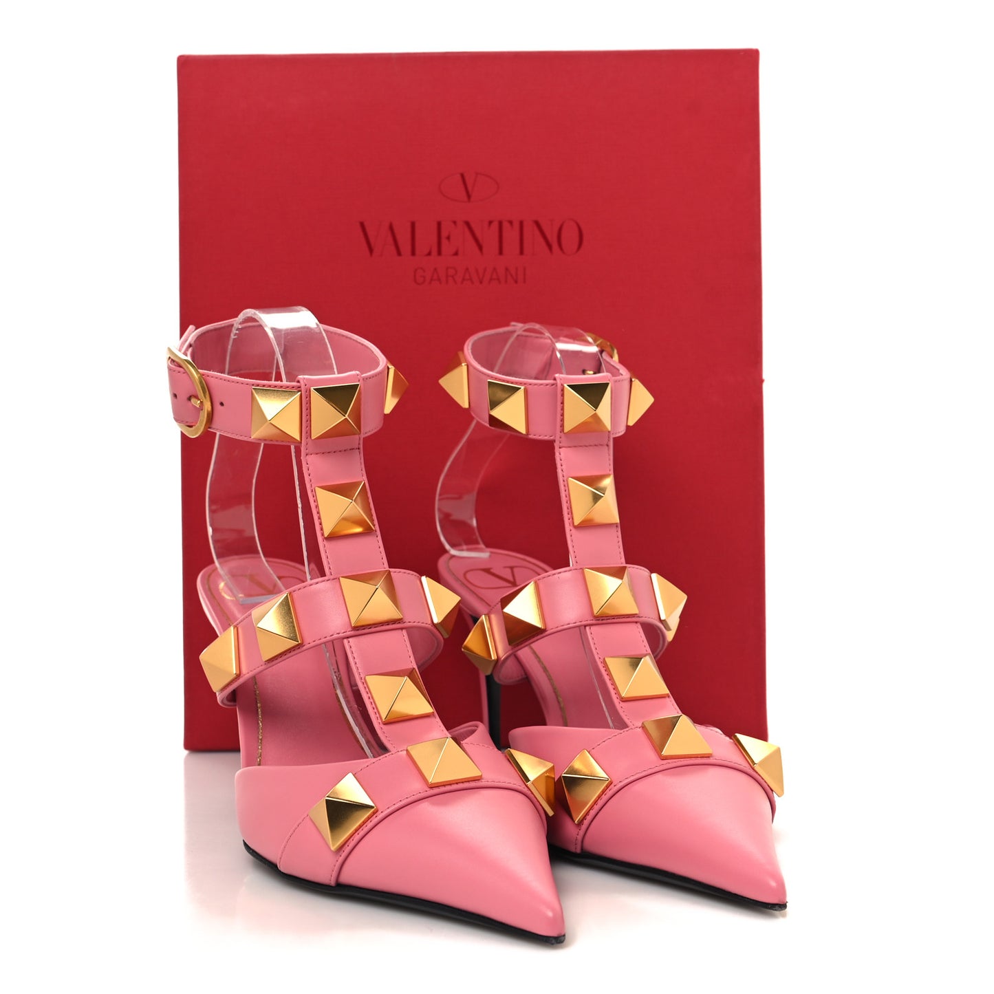 Calfskin Roman Stud Ankle Strap 80mm Pumps 38 Flamingo Pink