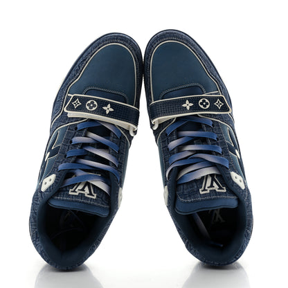 Louis Vuitton Crocodile Embossed Denim Suede Mens LV Trainer Sneakers 10 Sea Blue 2 of 9