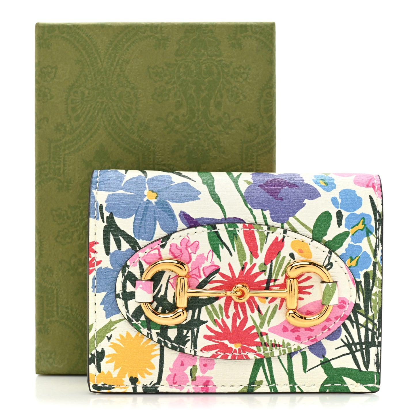 X KEN SCOTT New Shangai Calfskin Jardin D'Avril Floral Print Horsebit 1955 Card Case Wallet Ivory Pink