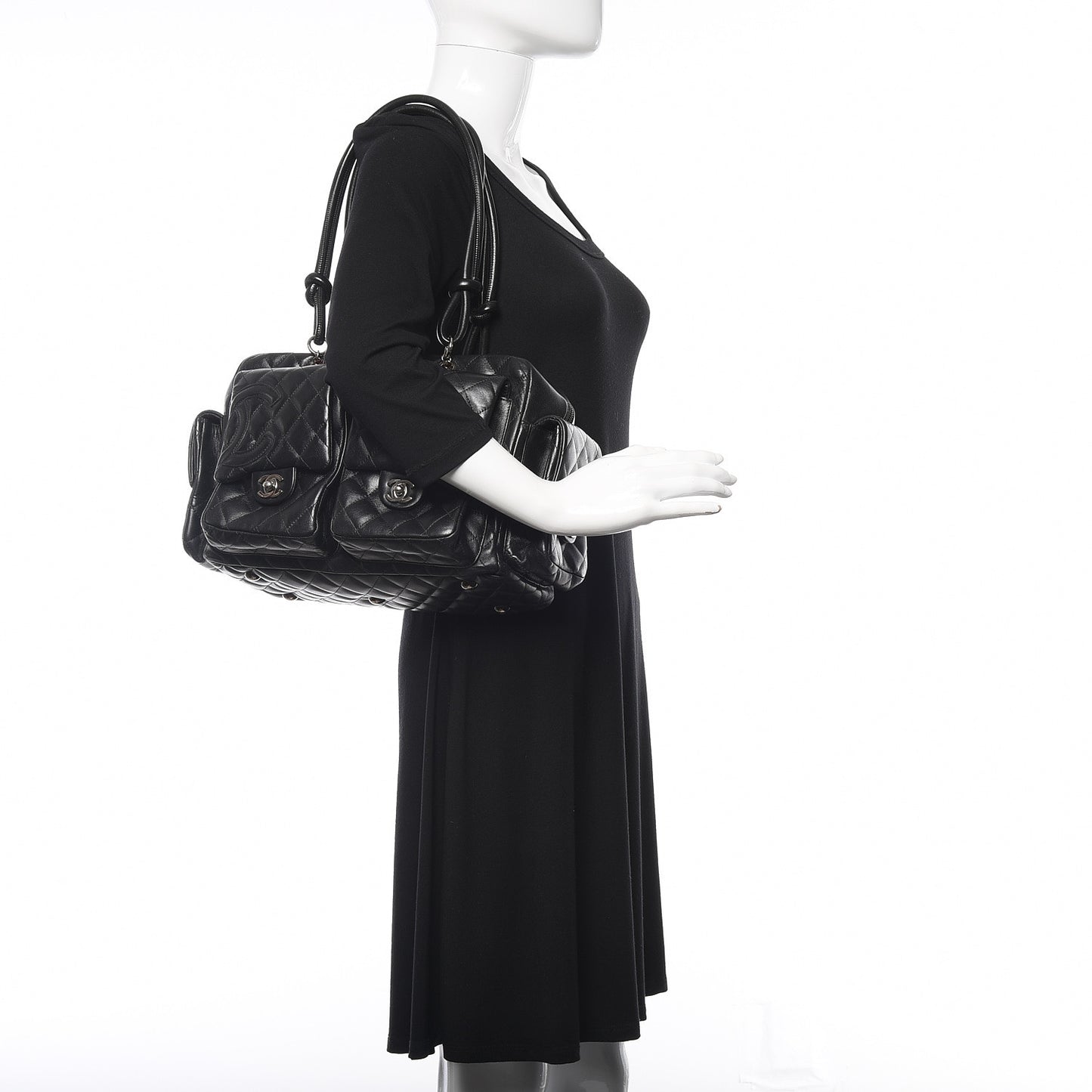Calfskin Quilted Large Cambon Multipocket Reporter Black
