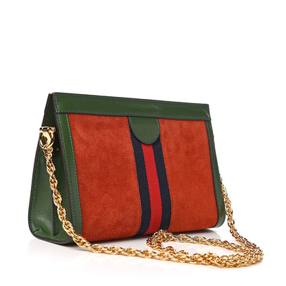 Gucci Suede Calfskin GG Web Small Ophidia Chain Shoulder Bag Brown Red Green 2 of 9