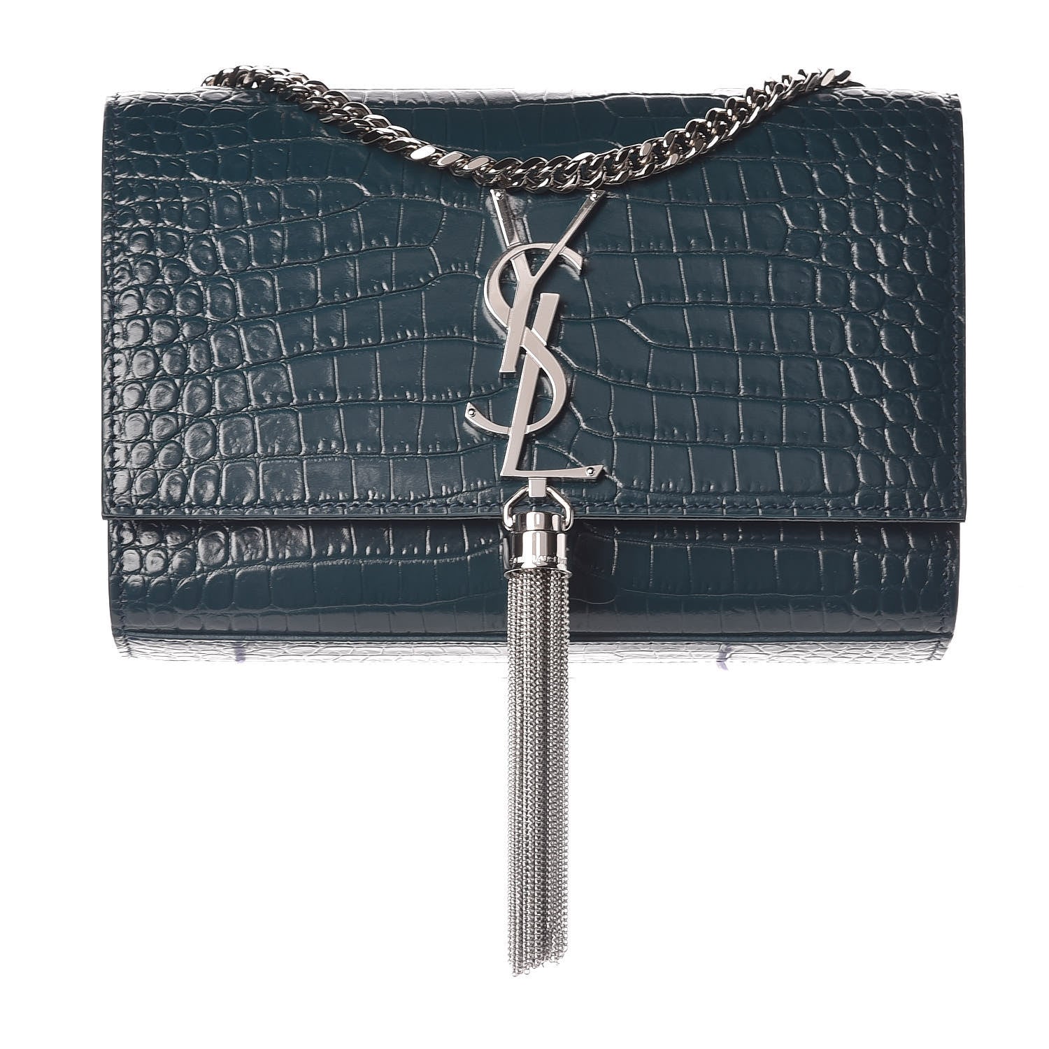 Saint Laurent Calfskin Crocodile Embossed Small Classic Monogram Kate Tassel Satchel Dark Green 1 of 7