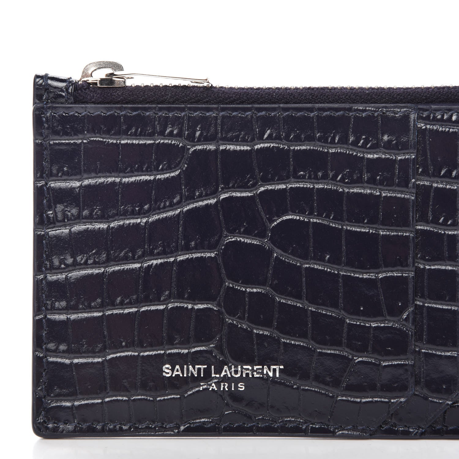 Saint Laurent Calfskin Crocodile Embossed 5 Fragments Zip Pouch Card Holder Blue Marine 8 of 9