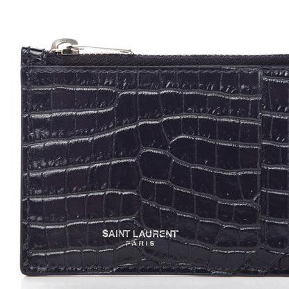 Saint Laurent Calfskin Crocodile Embossed 5 Fragments Zip Pouch Card Holder Blue Marine 8 of 9