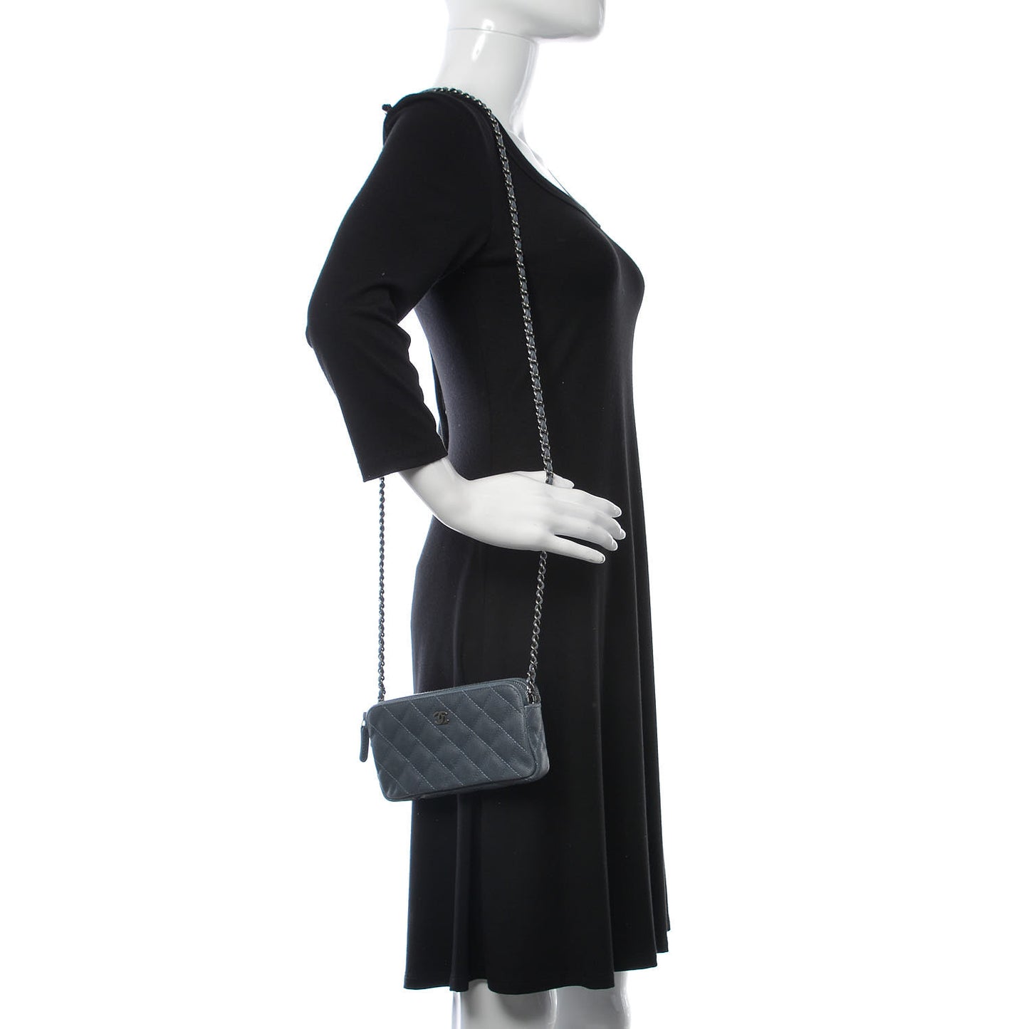 Caviar Quilted Small Clutch With Chain Grey