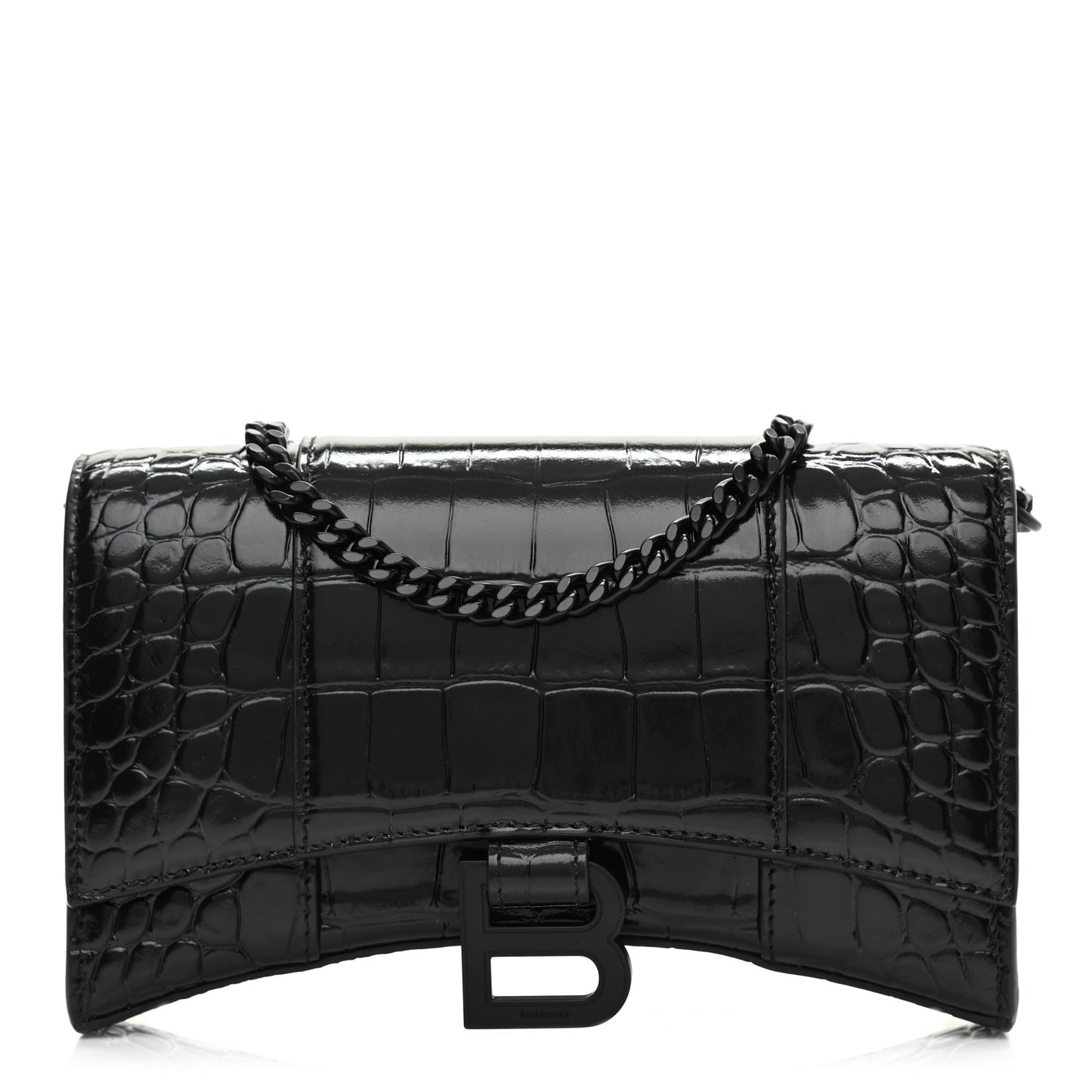 Shiny Calfskin Monochrome Crocodile Embossed Hourglass Chain Bag Black