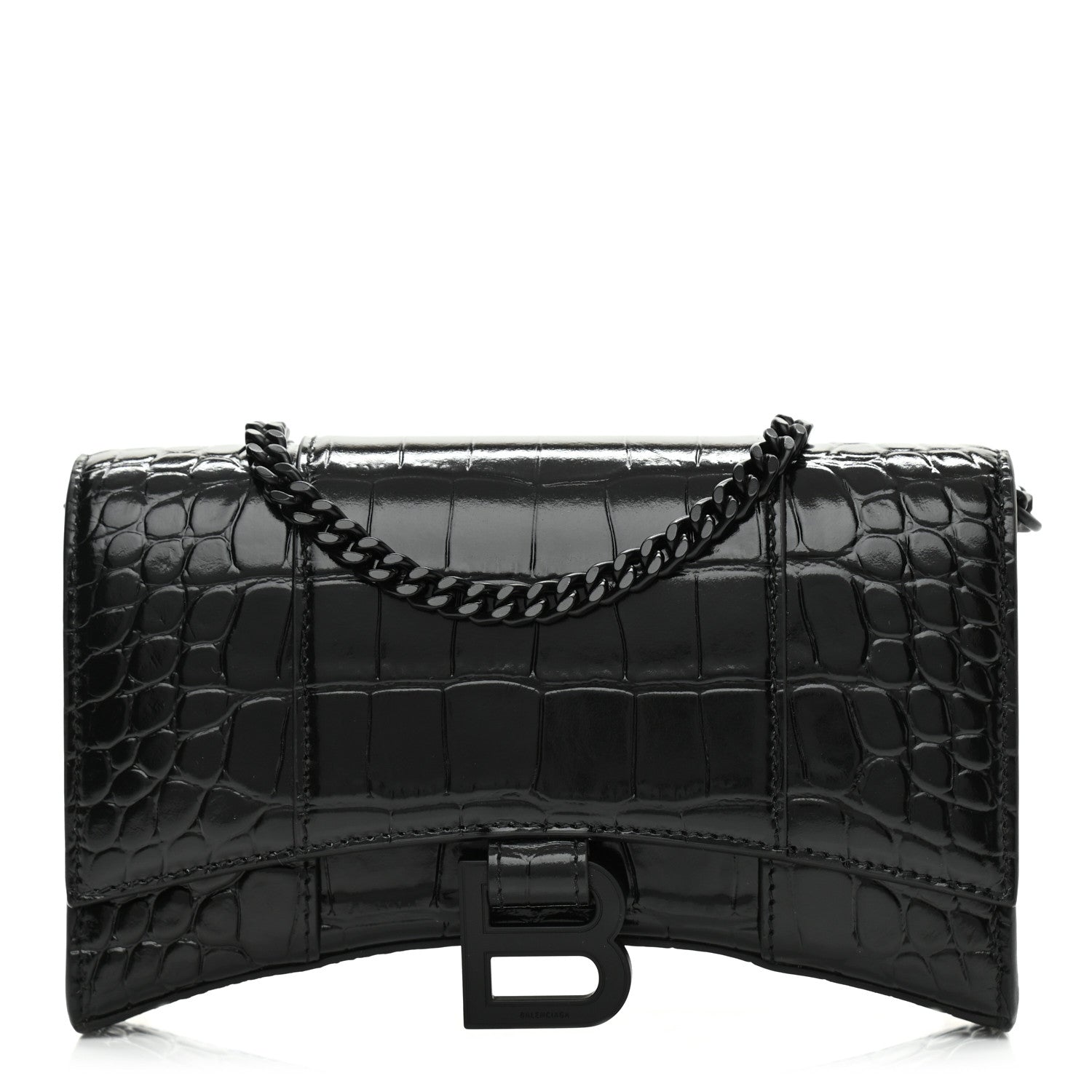 Balenciaga Shiny Calfskin Monochrome Crocodile Embossed Hourglass Chain Bag Black 1 of 9