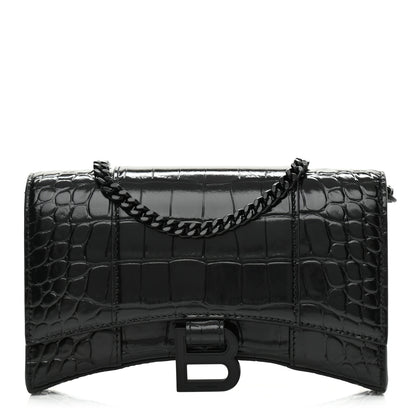 Balenciaga Shiny Calfskin Monochrome Crocodile Embossed Hourglass Chain Bag Black 1 of 9
