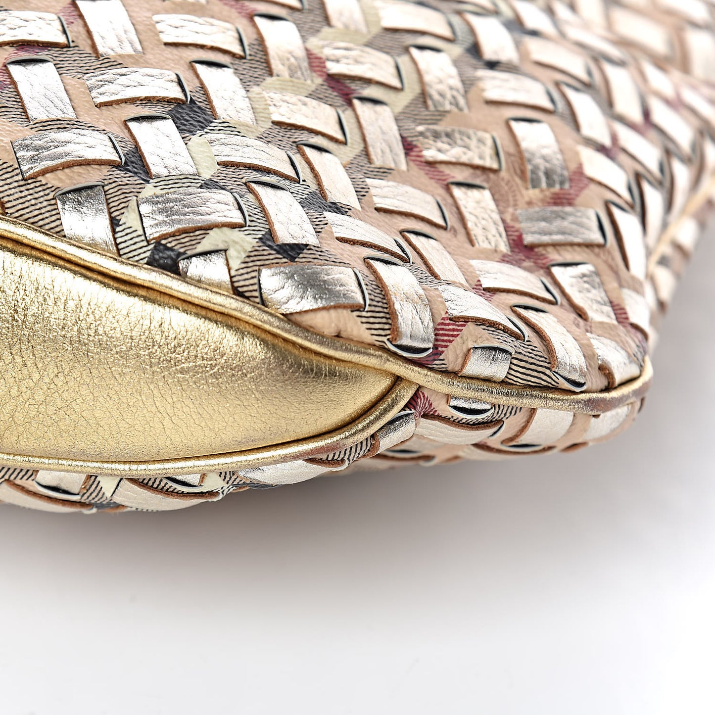 Metallic Calfskin House Check Woven Brook Hobo Gold