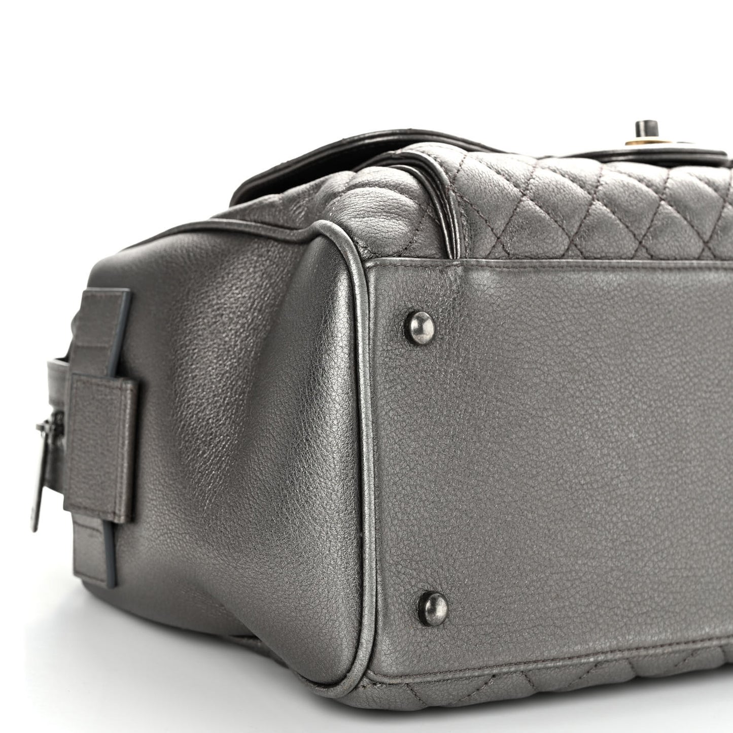 Metallic Grained Calfskin Quilted Large Casual Pocket Bowling Bag