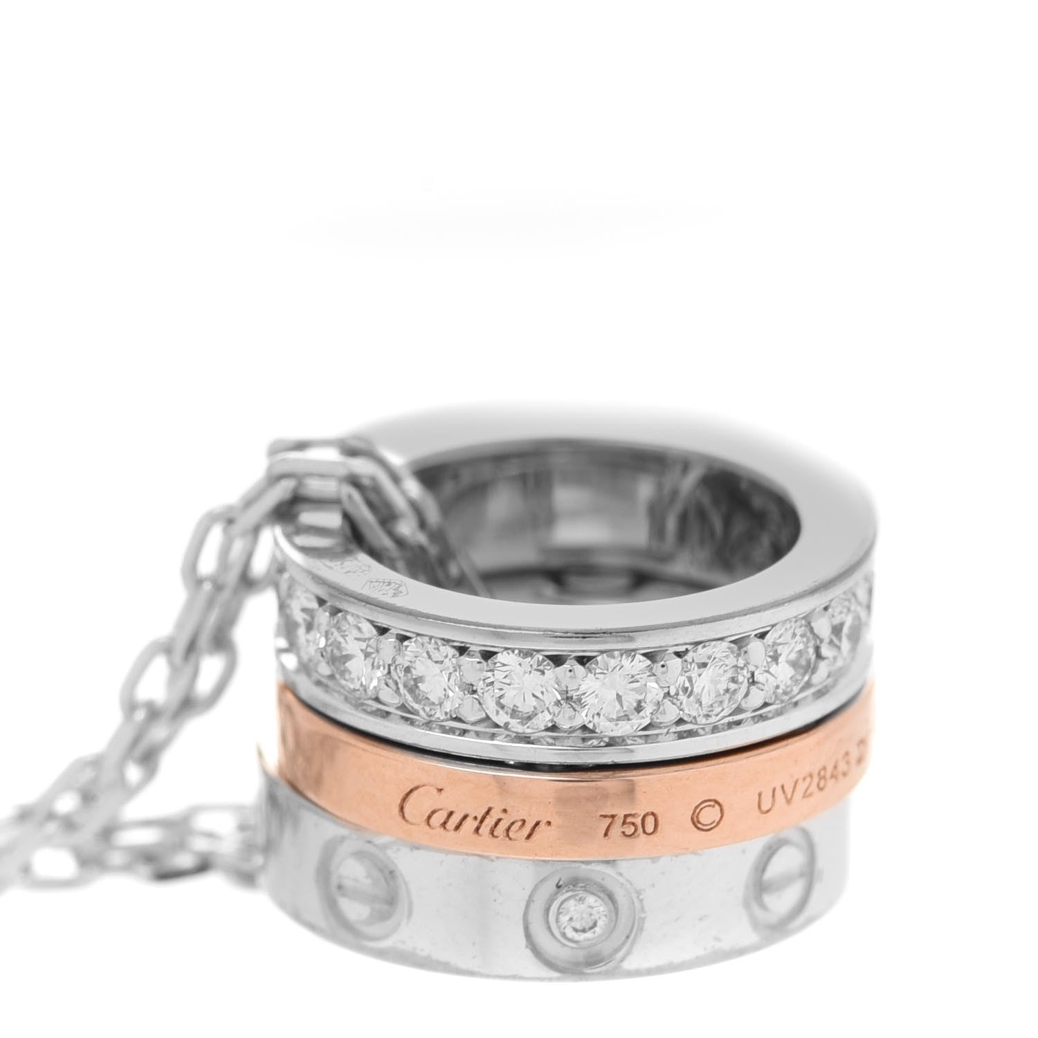 Cartier 18K White Pink Gold Diamond .29ctw Three Ring LOVE Pendant Necklace 5 of 9