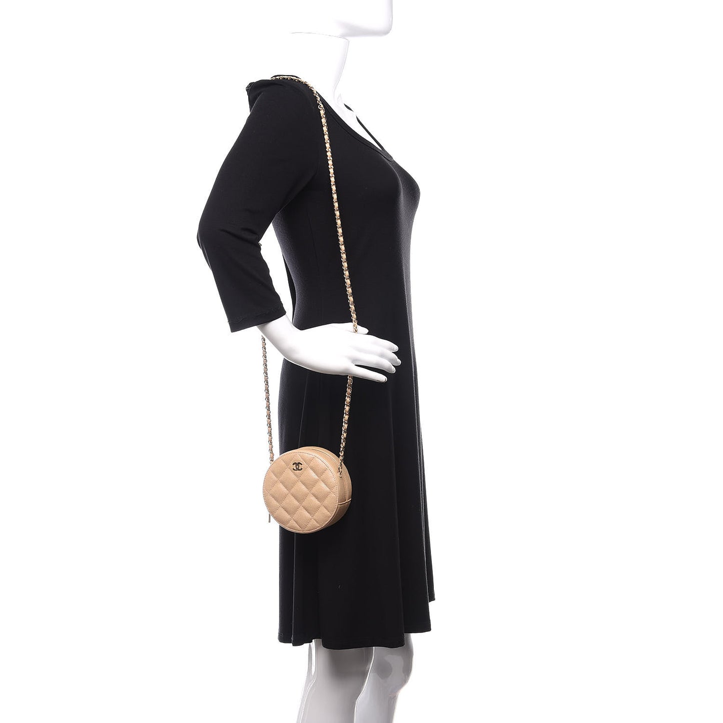 Iridescent Caviar Quilted Round Clutch With Chain Beige