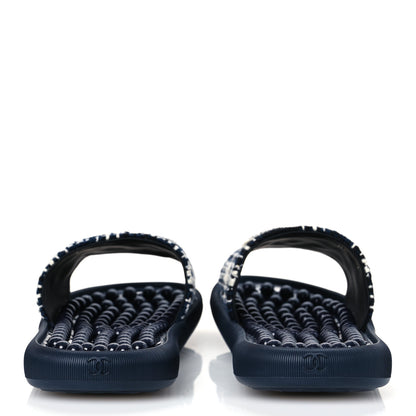 Chanel Tweed Rubber CC Flat Mules 40 Navy 6 of 10