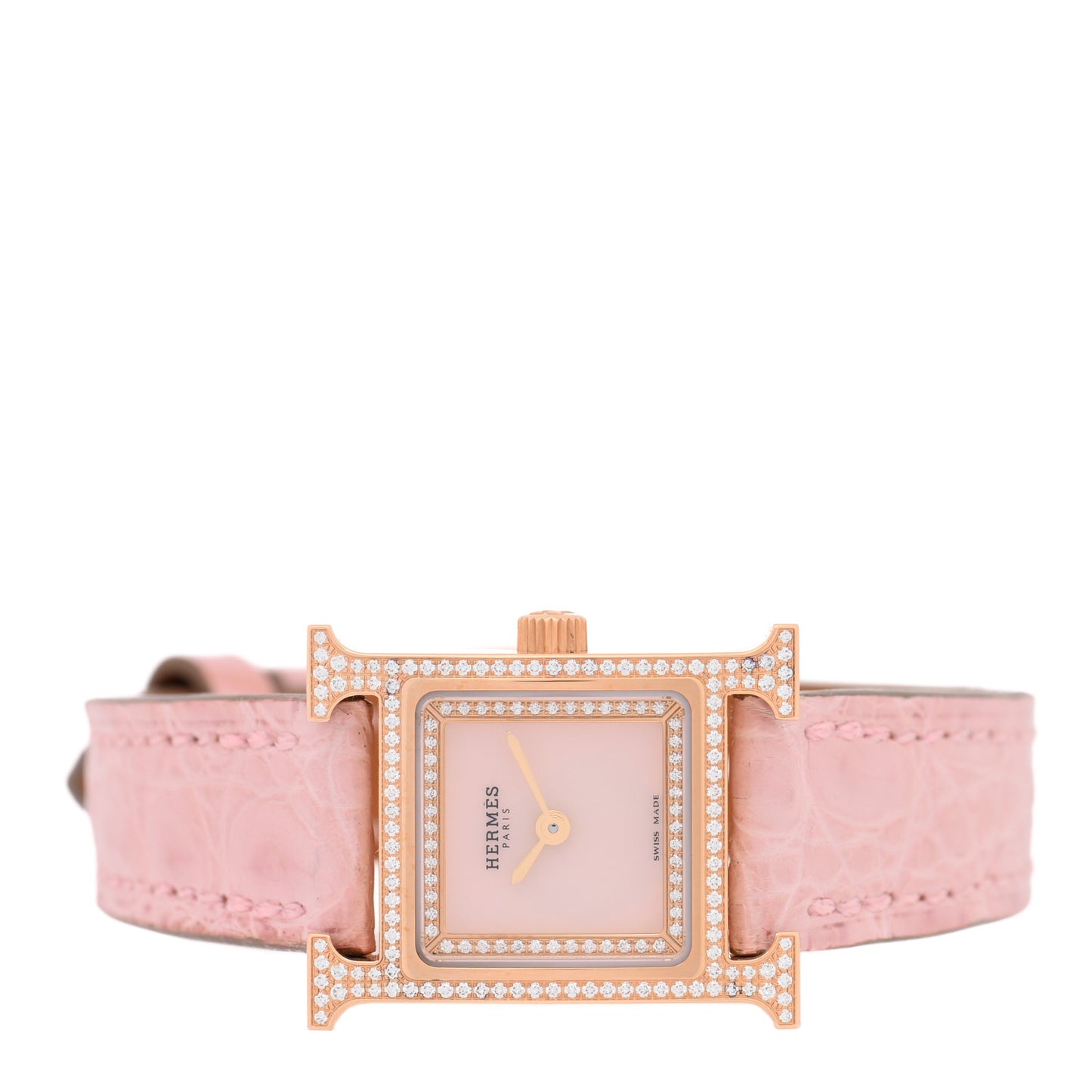 18K Rose Gold Alligator Diamond Bezel Rose Opal 17.2mm Heure H Hour Quartz Watch Rose Pale