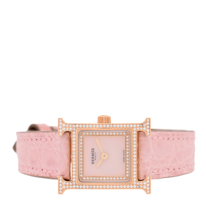 Hermes 18K Rose Gold Alligator Diamond Bezel Rose Opal 17.2mm Heure H Hour Quartz Watch Rose Pale 2 of 5