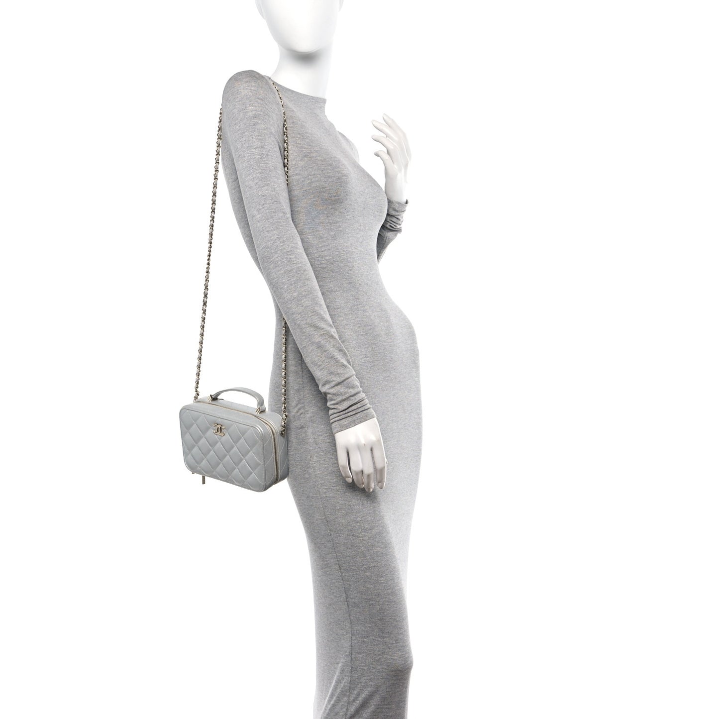 Metallic Lambskin Quilted Top Handle Vanity Case Silver