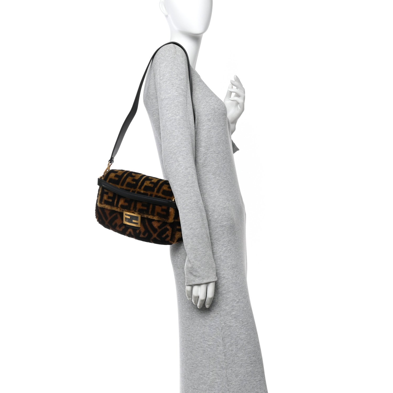 Fendi Shearling Vitello Dolce Macro FF 1974 Baguette Tobacco Black 2 of 9