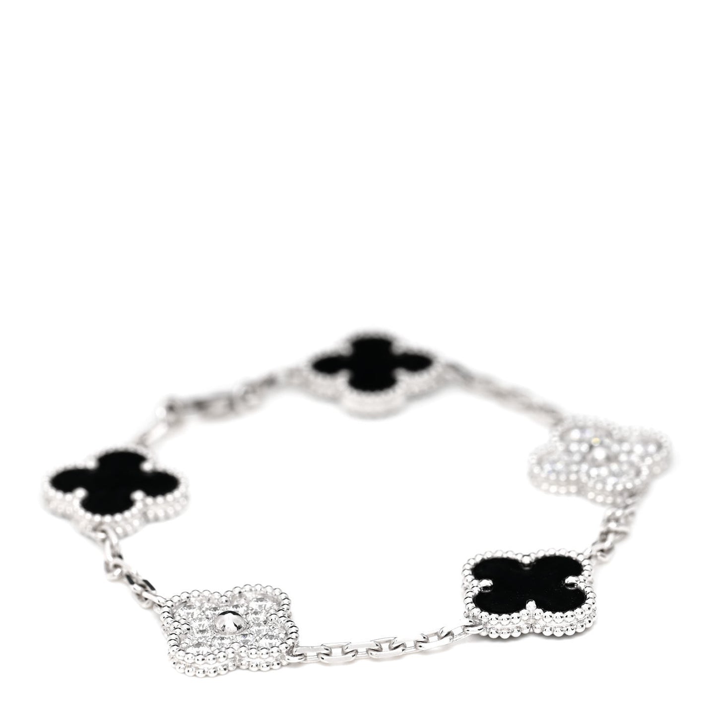 18K White Gold Diamond Black Onyx 5 Motifs Vintage Alhambra Bracelet