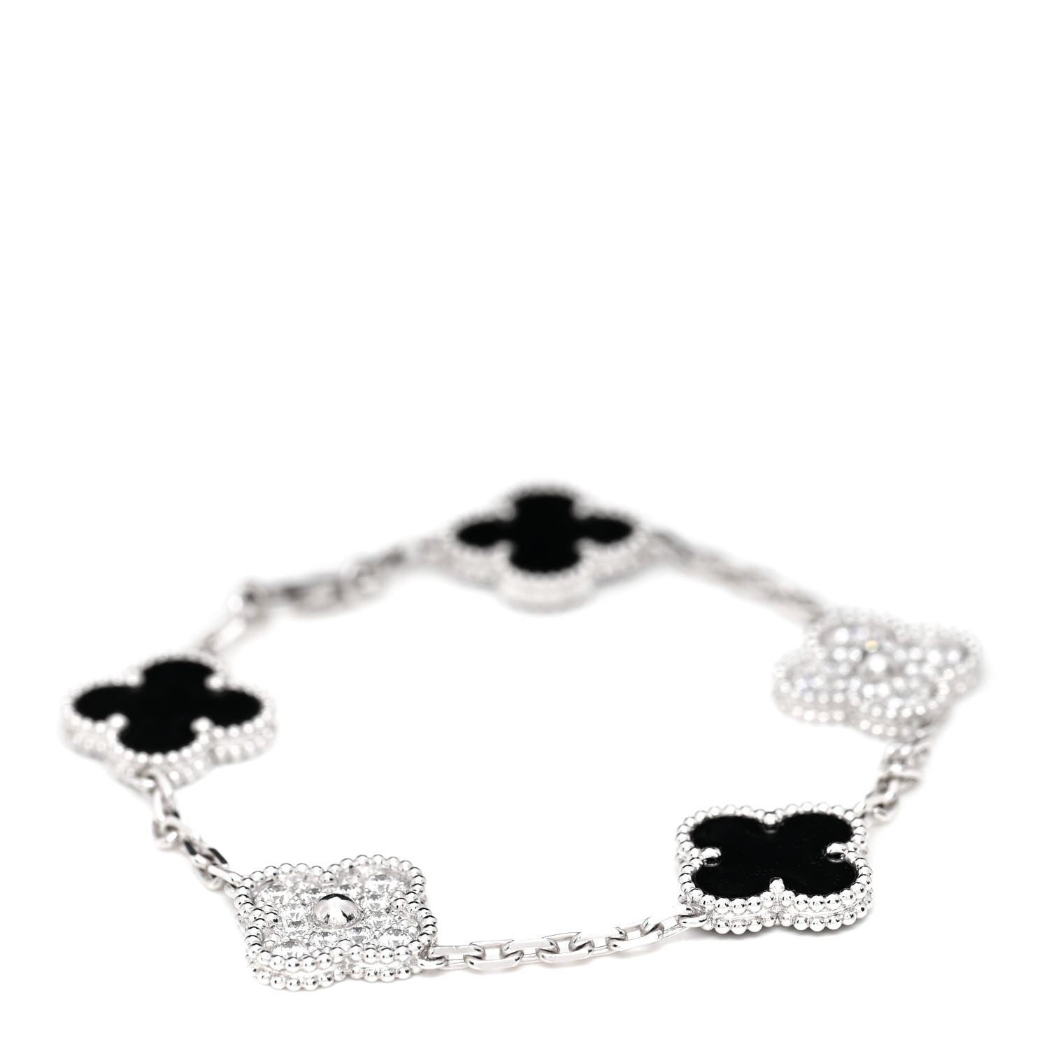 Van Cleef & Arpels 18K White Gold Diamond Black Onyx 5 Motifs Vintage Alhambra Bracelet 1 of 6