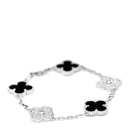 Van Cleef & Arpels 18K White Gold Diamond Black Onyx 5 Motifs Vintage Alhambra Bracelet 1 of 6