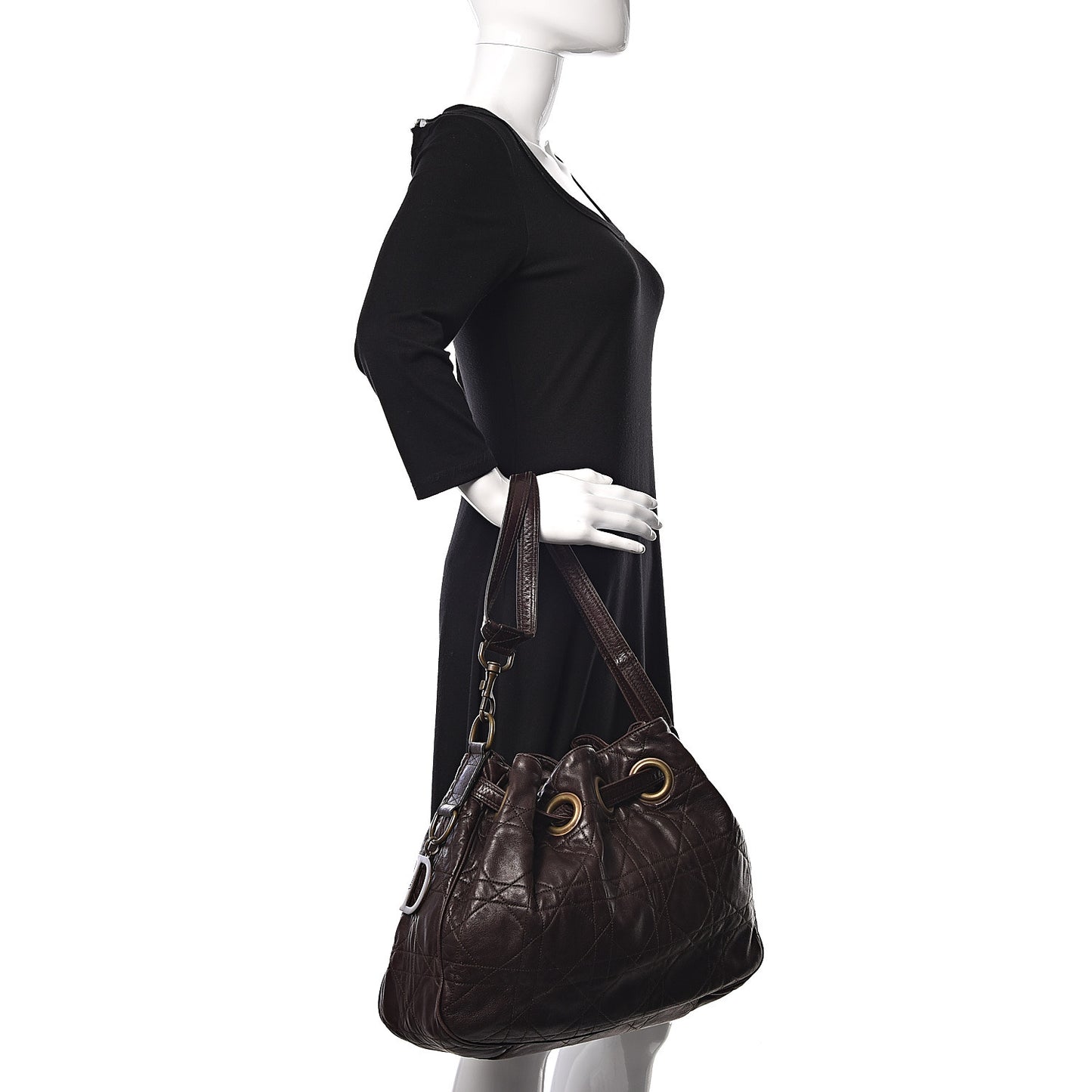 Lambskin Cannage Drawstring Bag Dark Brown