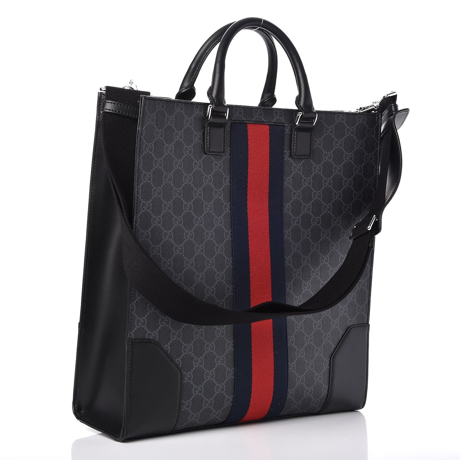 Gucci GG Supreme Monogram Web Angry Cat Embroidered Vertical Tote Black Grey 3 of 7