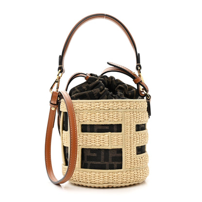 Fendi Paglia Chicco Riso Fabric Jacquard FF 1974 Vitello Grace Mini Step Out Bucket Bag Alchemy Tabacco Brandy 1 of 10