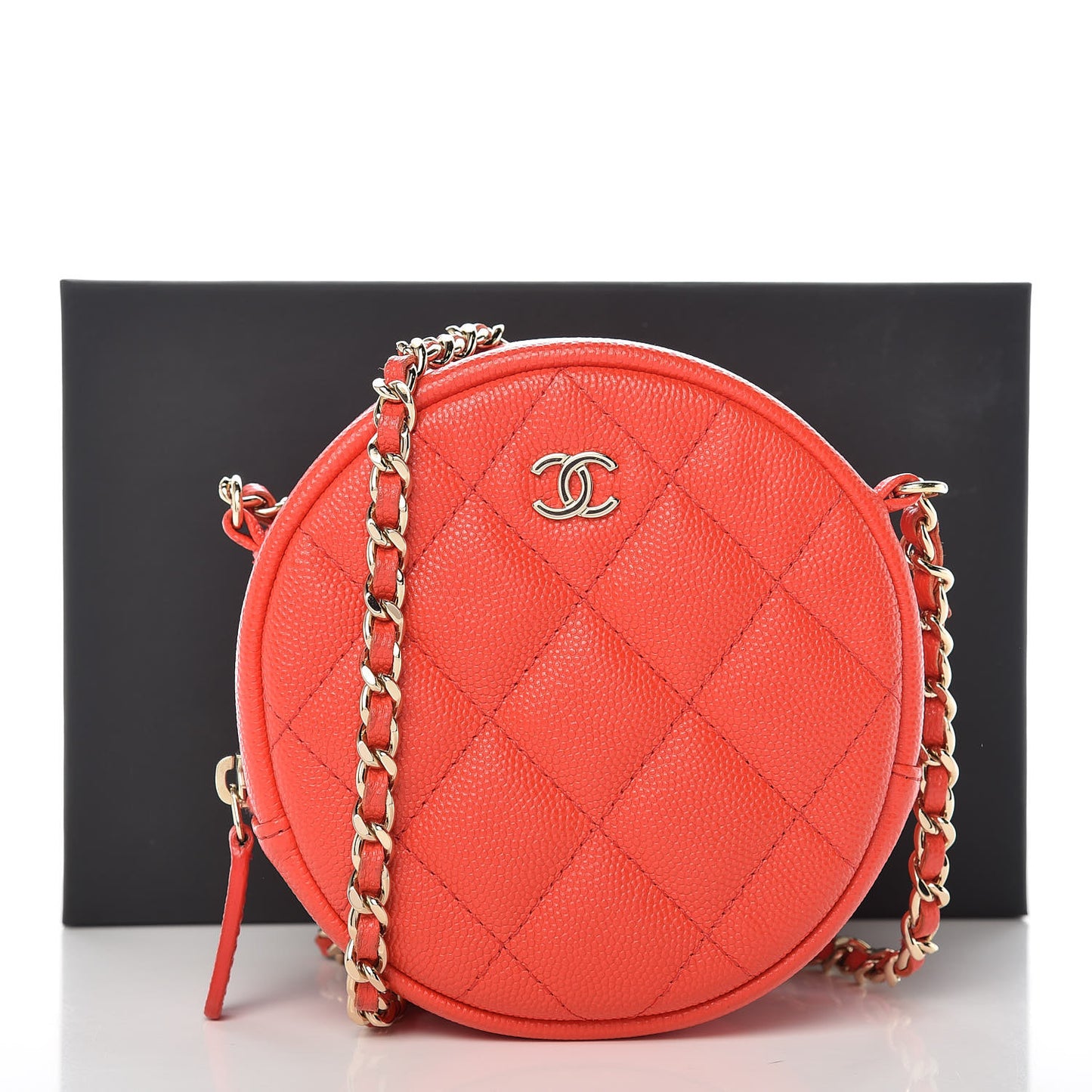 Caviar Quilted Round Clutch With Chain Red