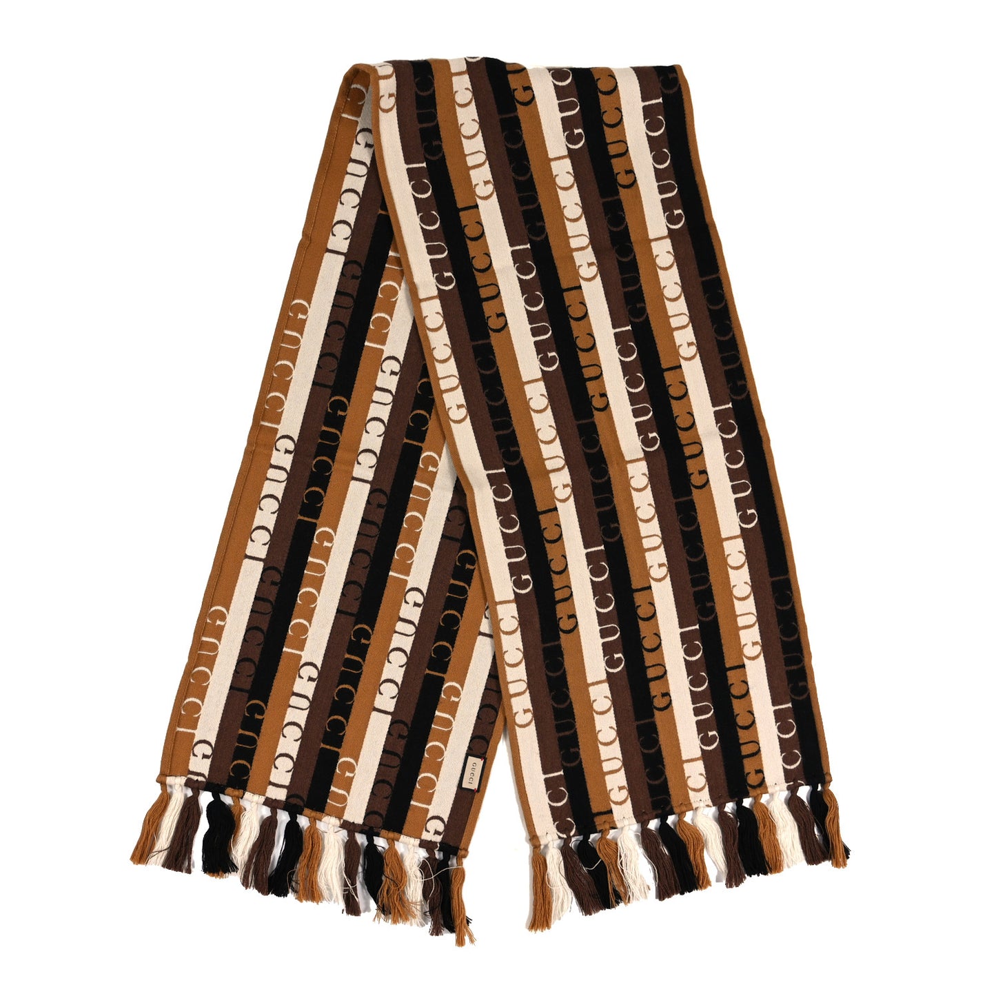 Wool Cotton Logo Wood Stripes Scarf Light Brown Dark Brown