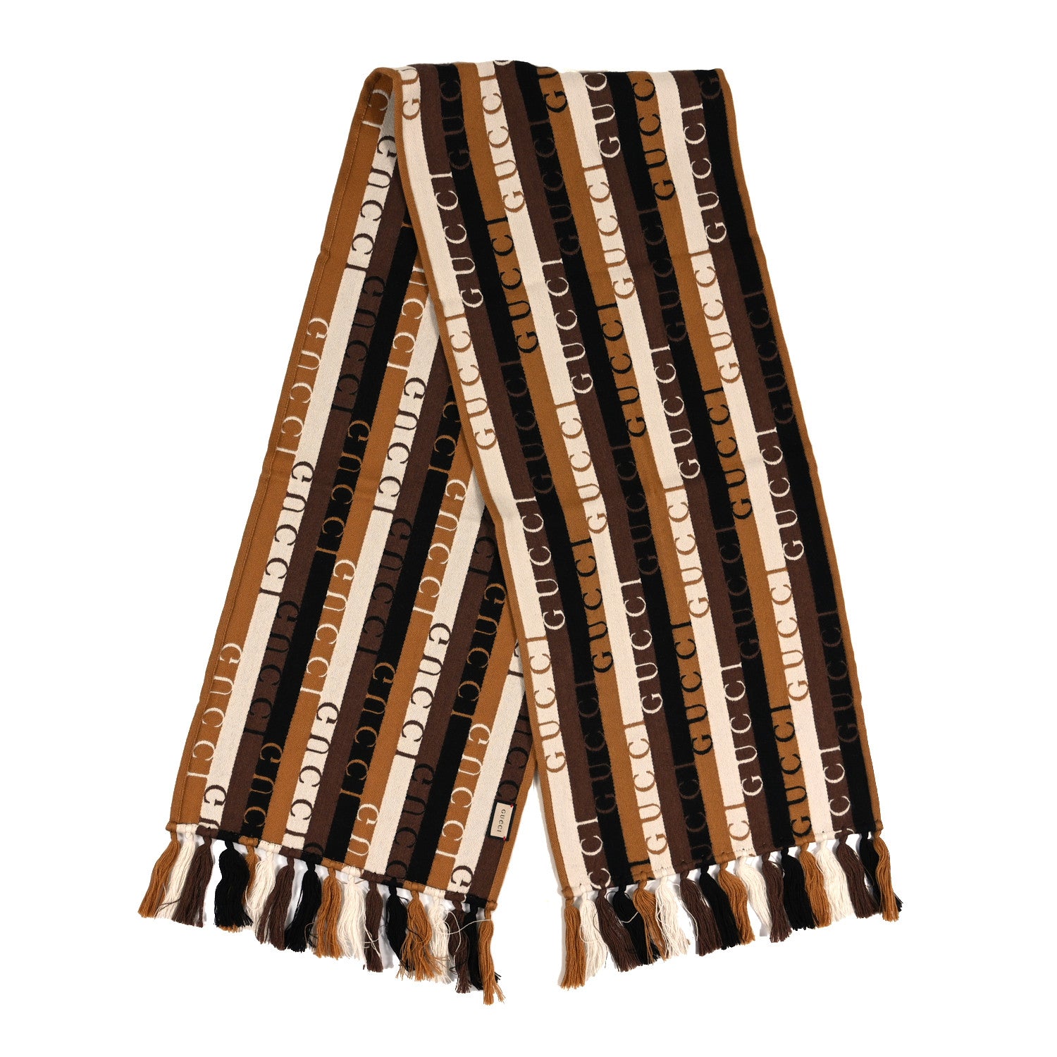 Gucci Wool Cotton Logo Wood Stripes Scarf Light Brown Dark Brown 2 of 3